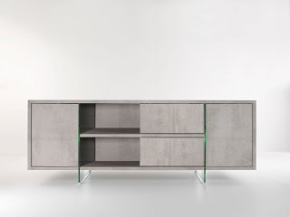 Buffet/Meuble TV design MADY 180cm gris béton  portes coulissantes et piètement en verre